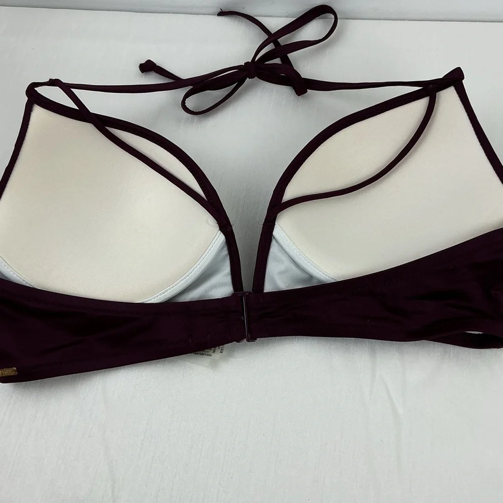 PINK Victoria Secret Plunge Bikini Top Size L Burgundy Halter